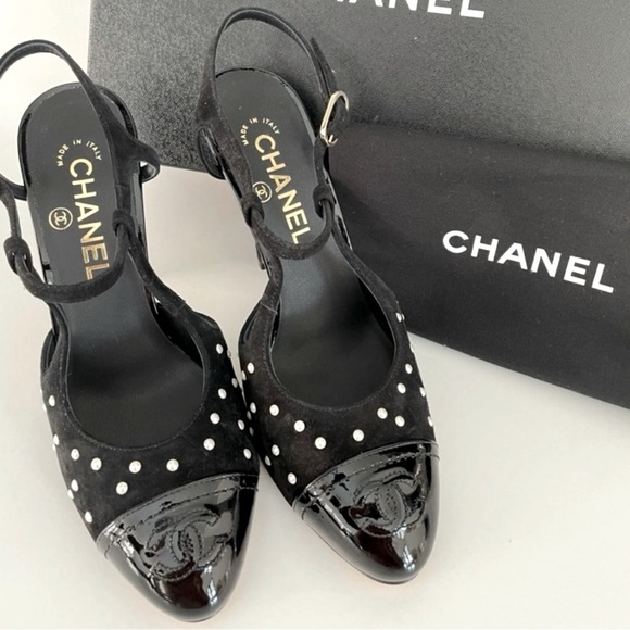 CHANEL Black Pearl Stiletto Ankle Strap Pump Size 37.5 $850 - Picture 6 of 6
